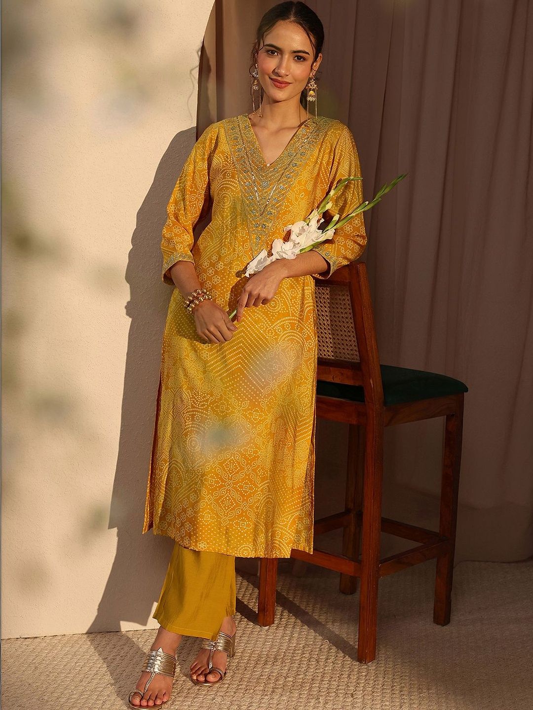 Libas Mustard Bandhani Printed Straight Kurta Myntra sale