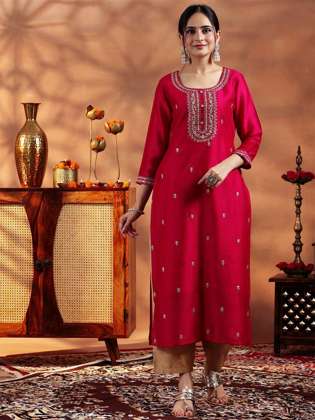 Libas Women Floral Embroidered Round Neck Zari Silk Kurta Myntra sale