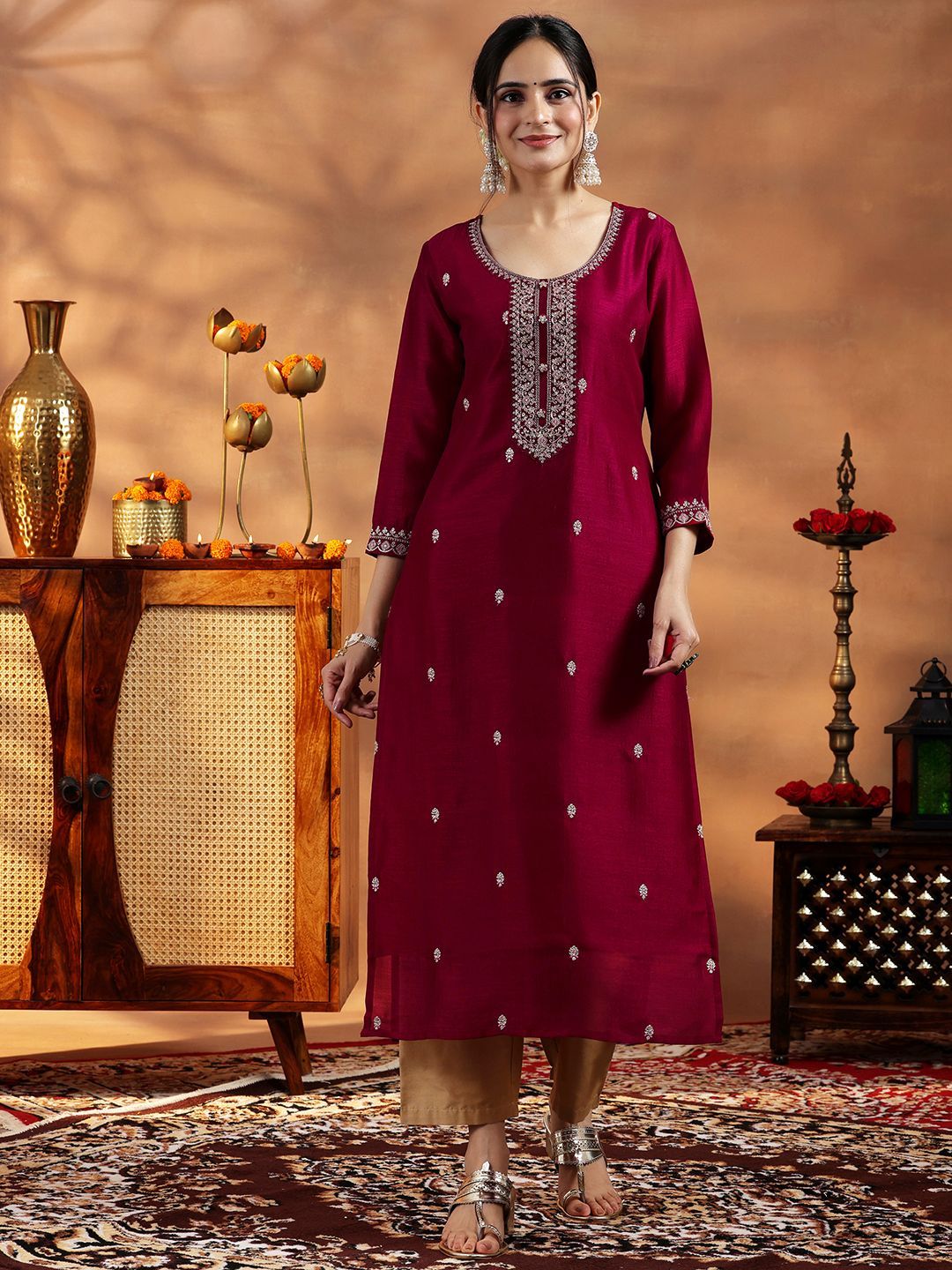 Libas Floral Embroidered Sequinned Pure Silk Straight Kurta With Lining Myntra sale