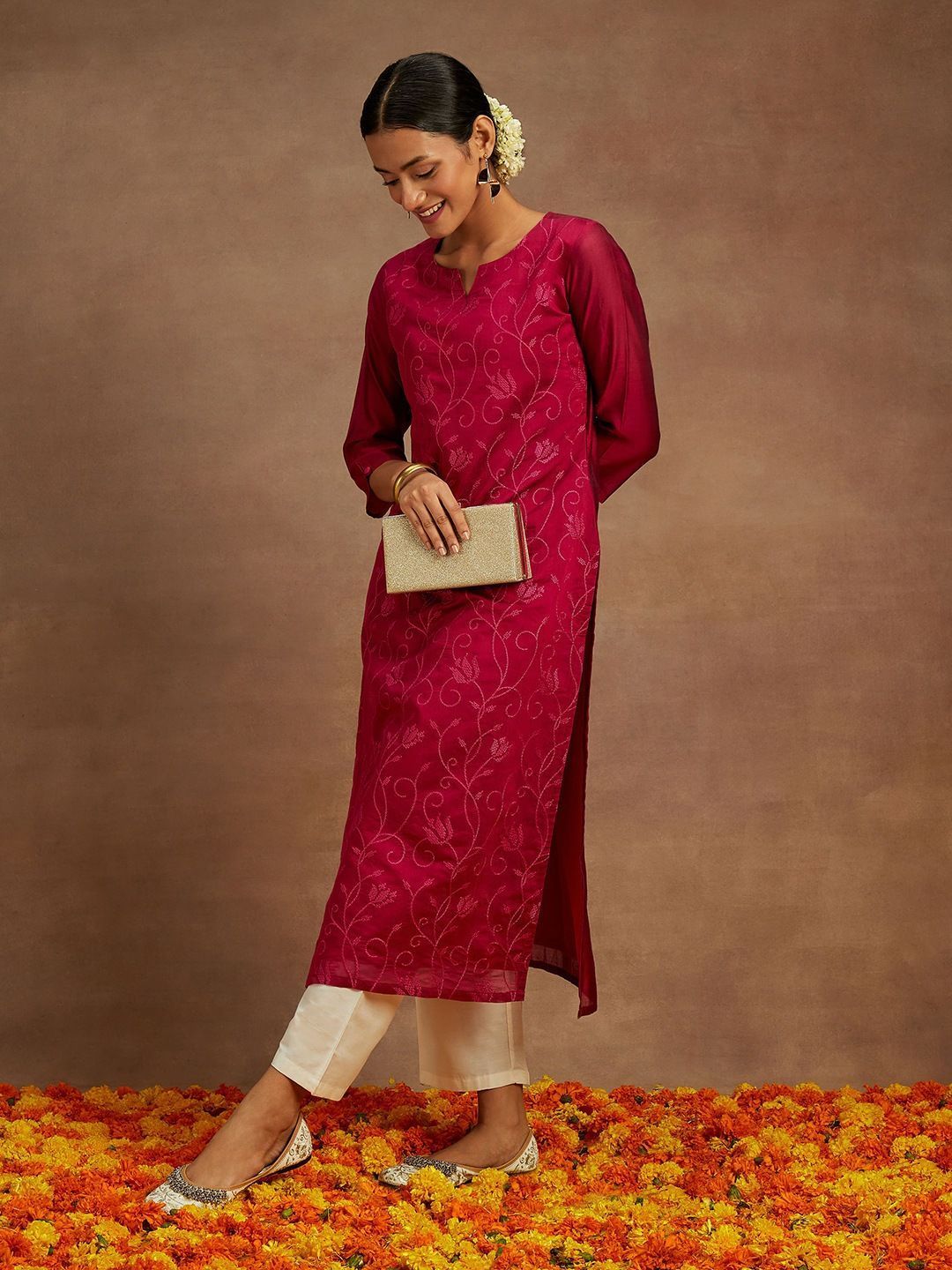 Libas Floral Embroidered Notch Neck Chanderi Silk Straight Kurta Myntra sale
