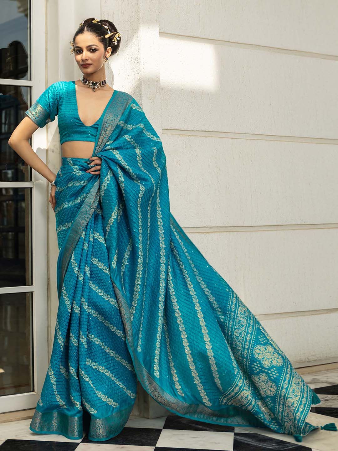 Libas Blue Printed Saree With Unstitched Blouse Piece Myntra sale