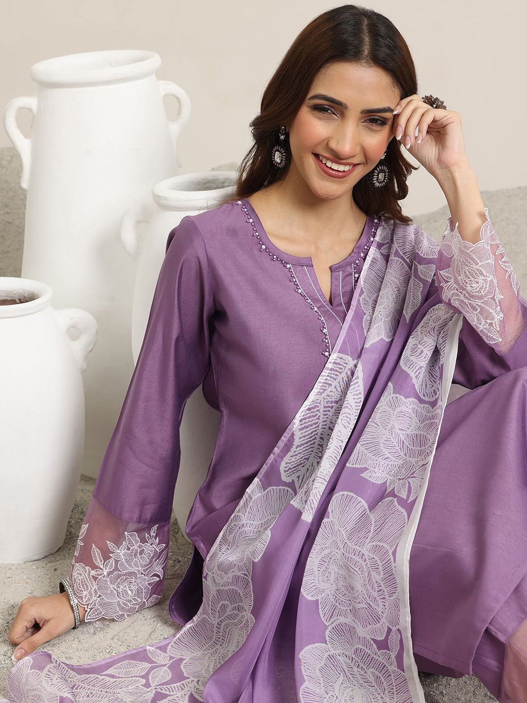 Libas Women Ethnic Motifs Yoke Design Regular Beads and Stones Kurta with Trousers & With Du Myntra sale