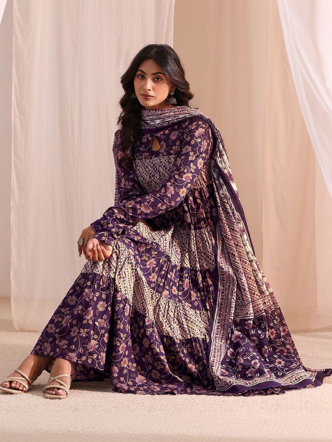 Libas Women Floral Printed Panelled Kurta with Churidar & With Dupatta Myntra sale