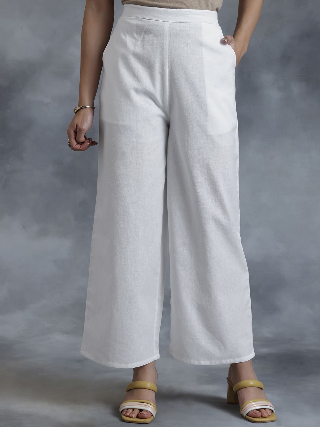 Libas Women White Solid Cotton Palazzos Myntra sale