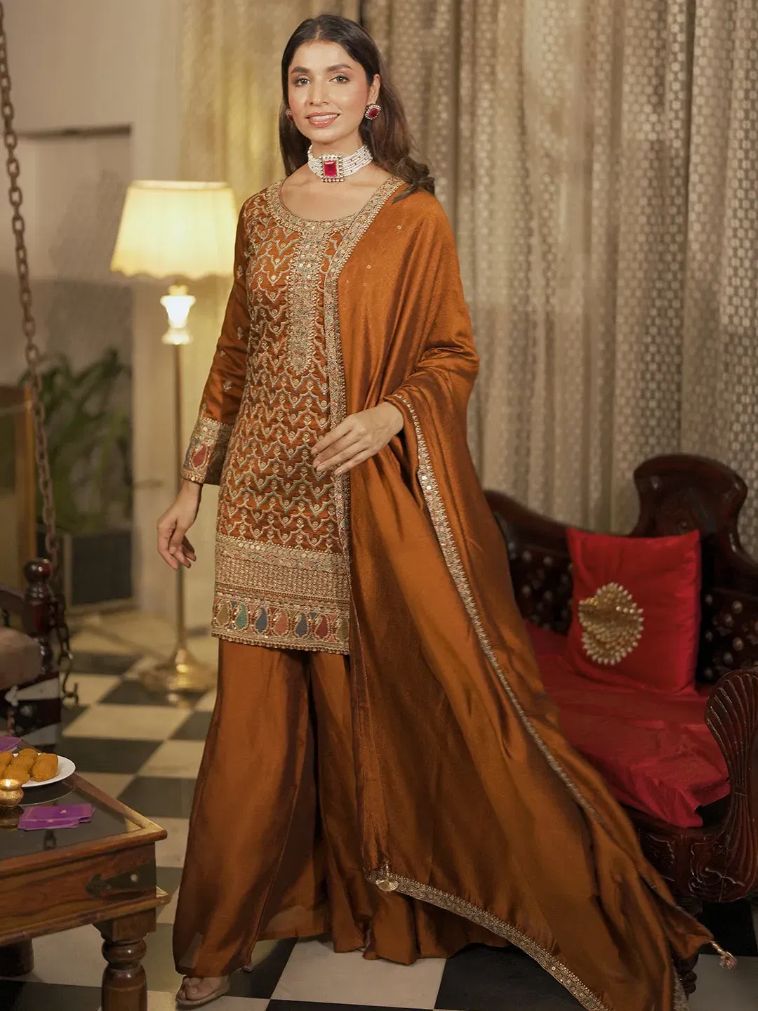 Adaa Rust Embroidered Silk Blend Kurta with Palazzos Libas sale