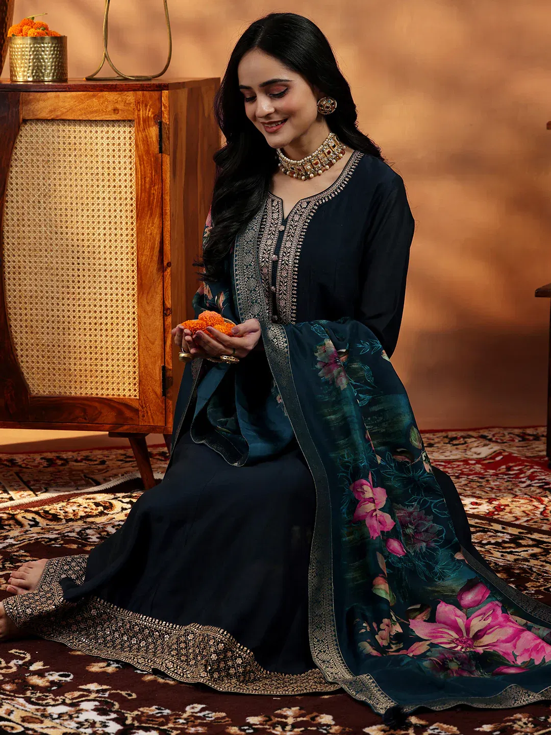 Blue Yoke Design Silk Blend A-Line Kurta with Trousers Libas sale