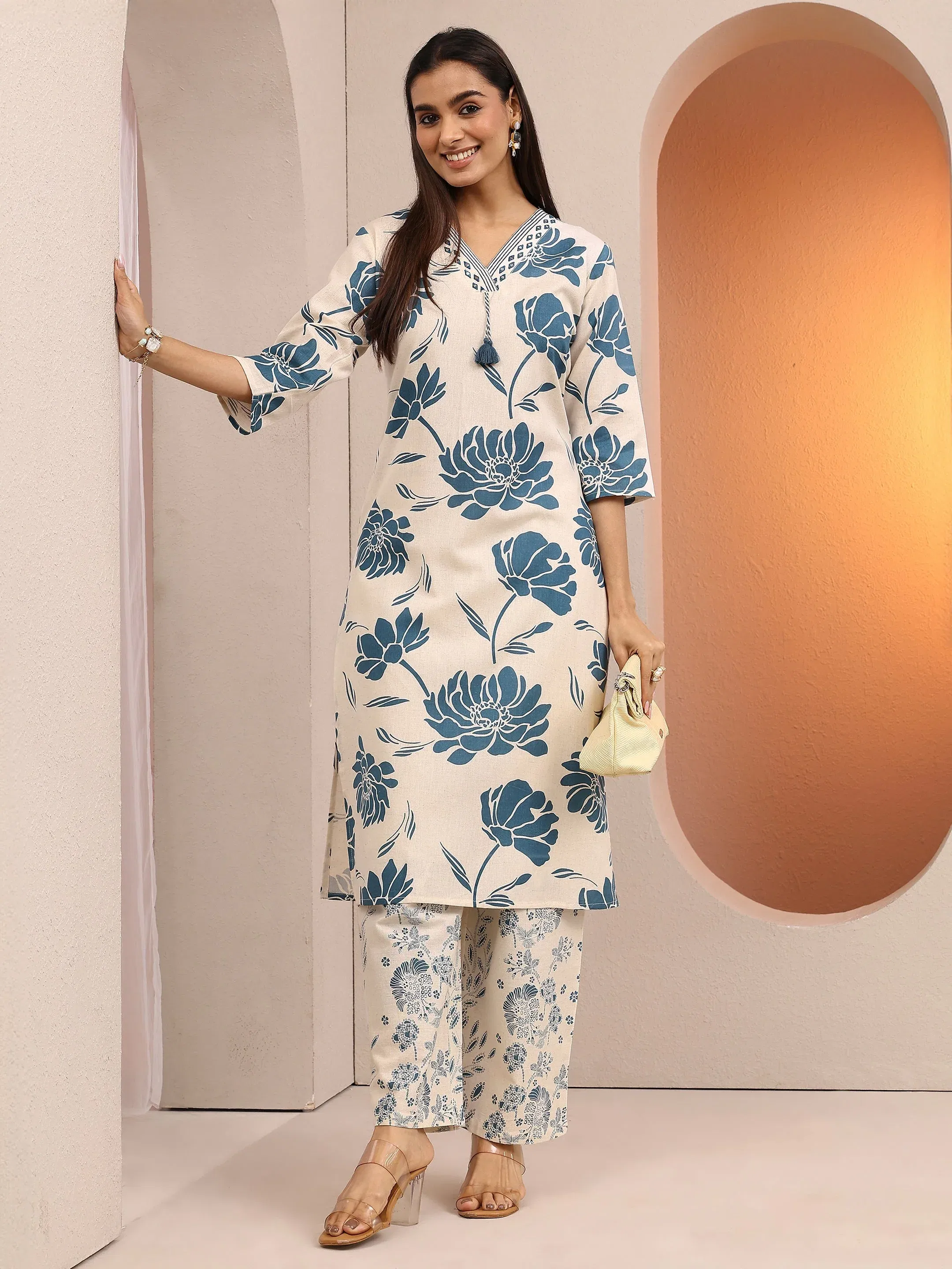 Off-White Floral Printed Cotton Co-Ord Set Libas sale