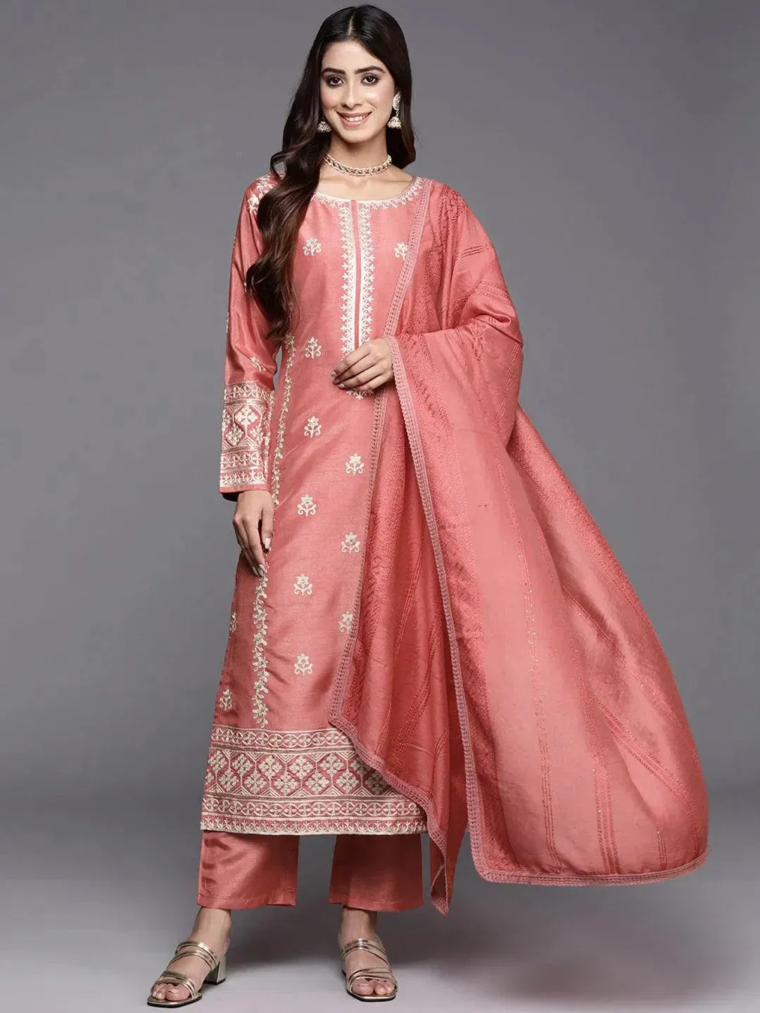 Coral Embroidered Silk Blend Straight Suit with Dupatta Libas sale