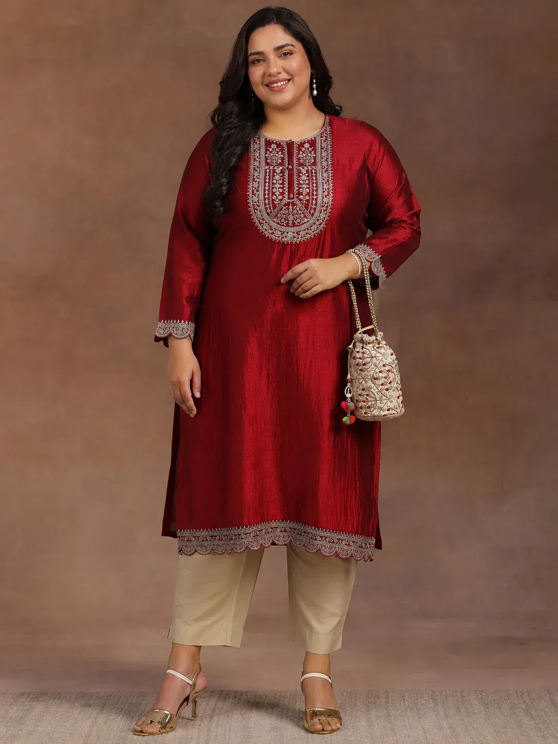 Plus Size Maroon Embroidered Silk Straight Kurta Libas sale