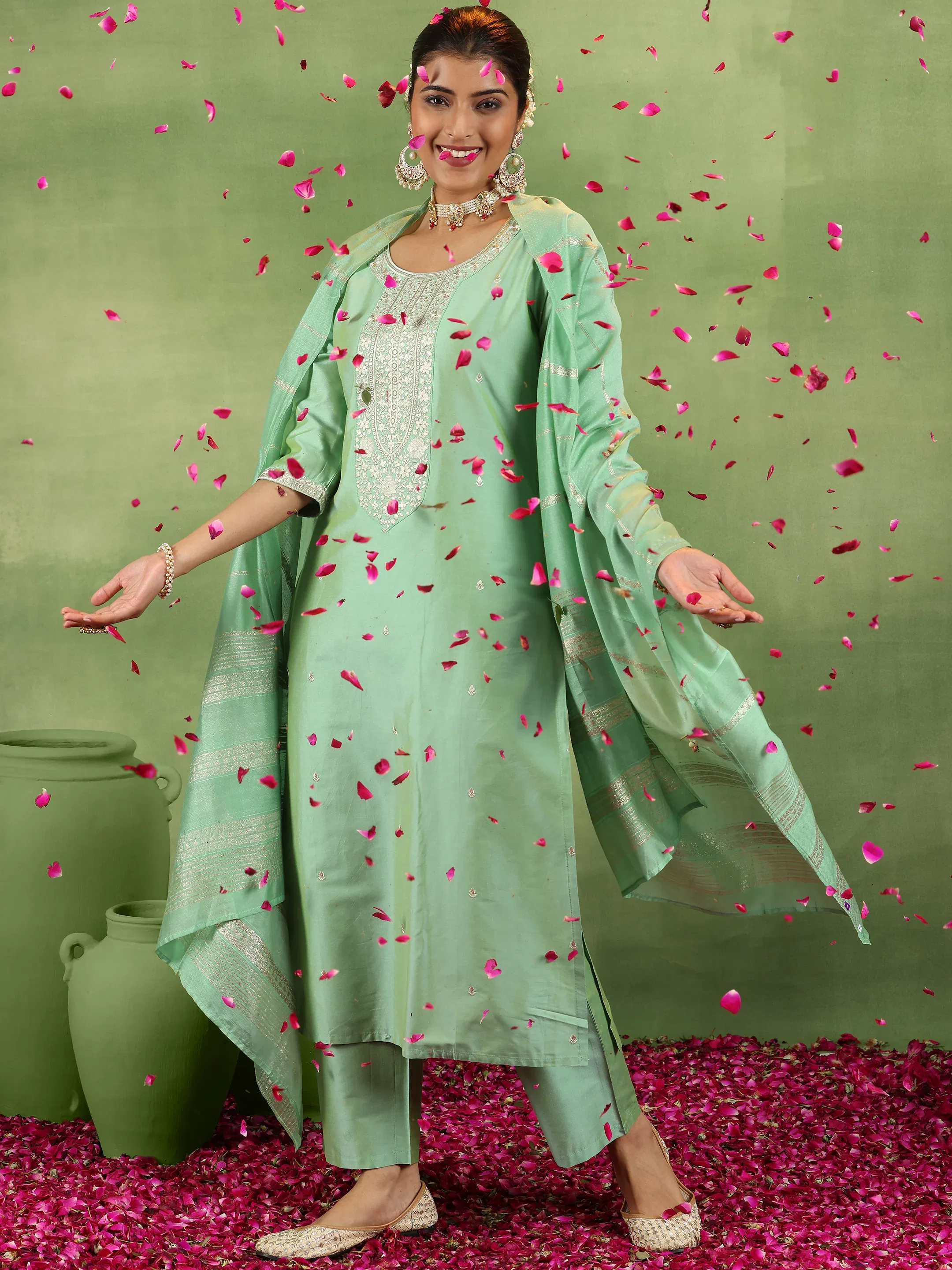 Green Embroidered Silk Blend Straight Suit with Dupatta Libas sale