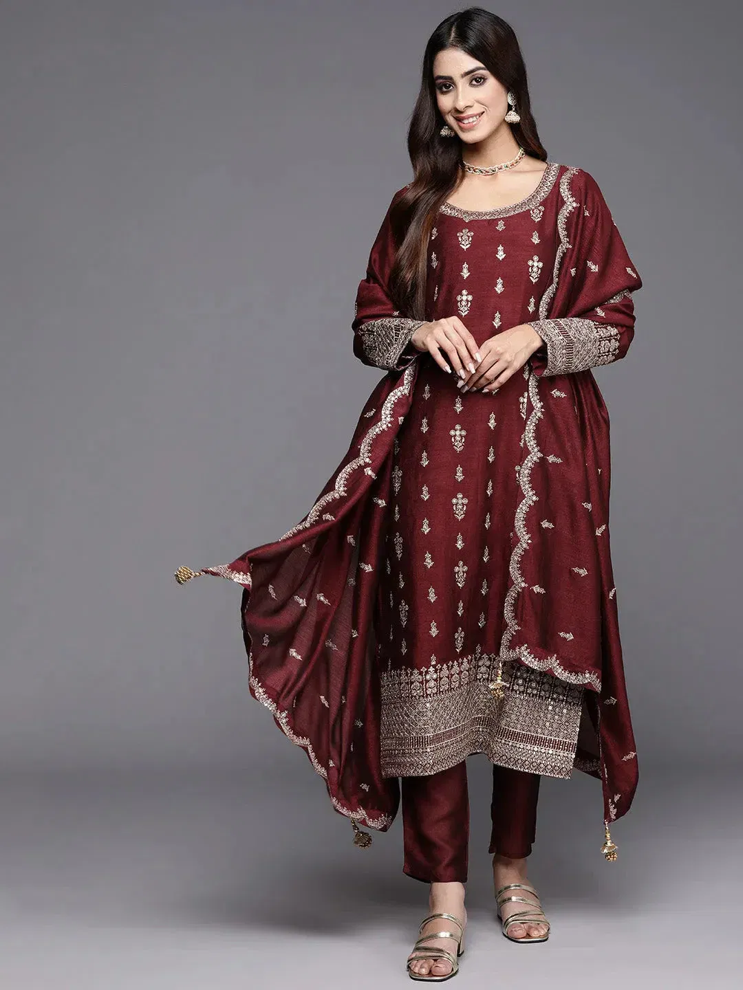 Maroon Embroidered Silk Blend Pakistani Suit Libas sale