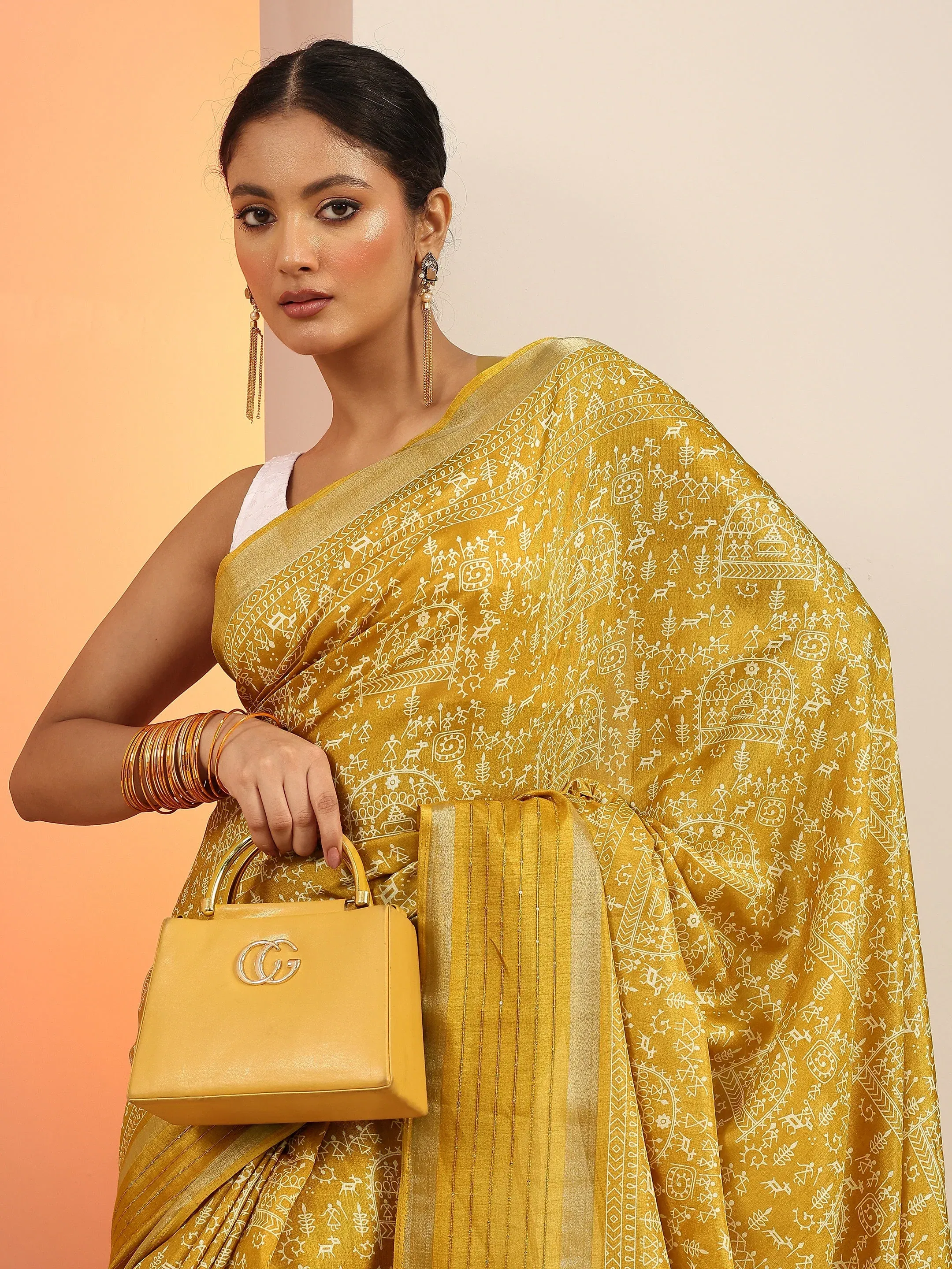 Mustard Printed Silk Blend Saree with Unstitched Blouse Libas sale
