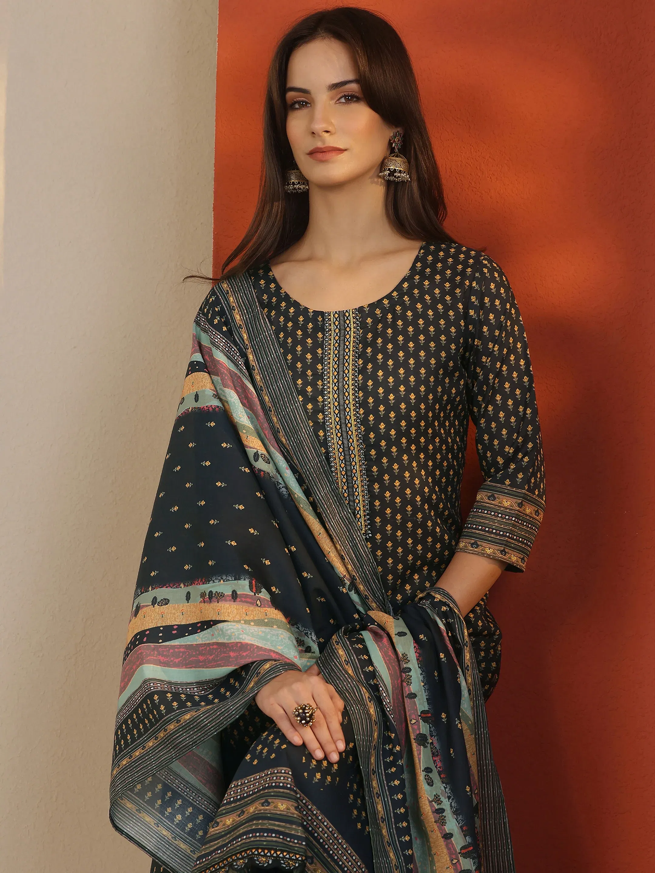 Navy Blue Printed Cotton Straight Suit Set with Dupatta Libas sale