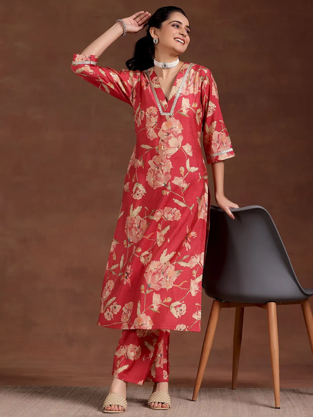 Red Printed Silk Blend Straight Kurta Set Libas sale
