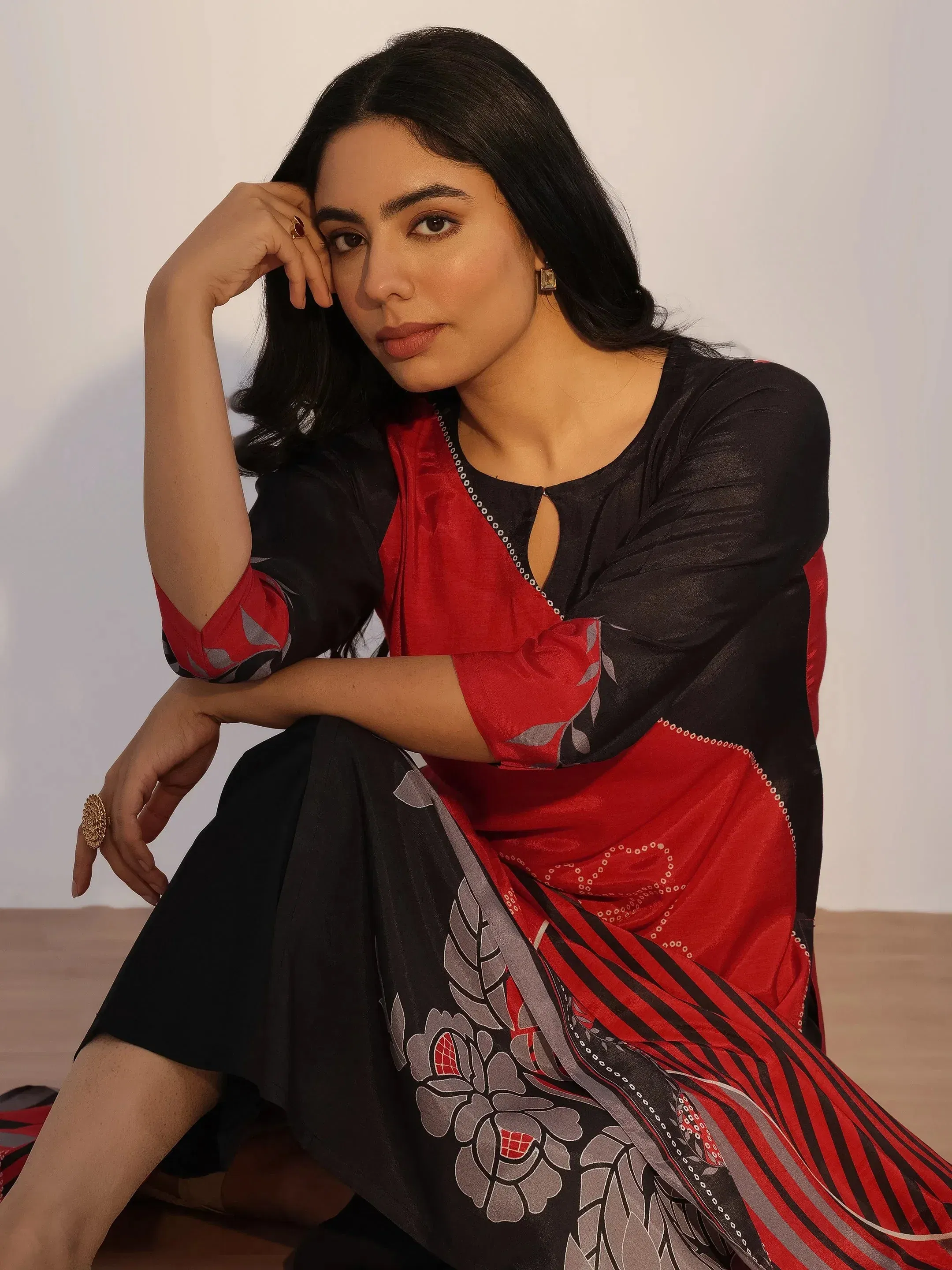 Red Printed Silk Blend Straight Suit with Dupatta Libas sale