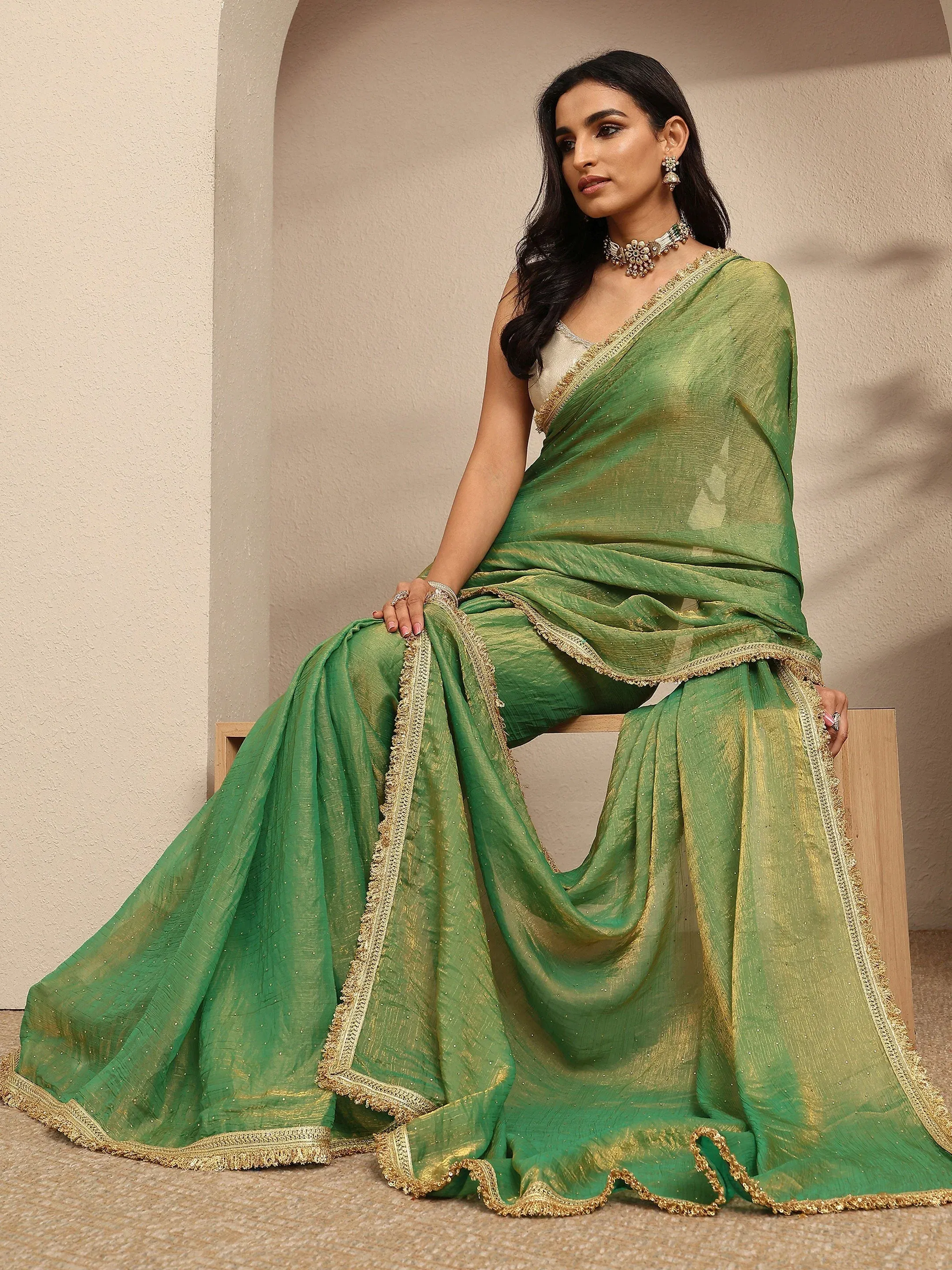 Green Embellished Silk Blend Saree with Unstitched Blouse Libas sale