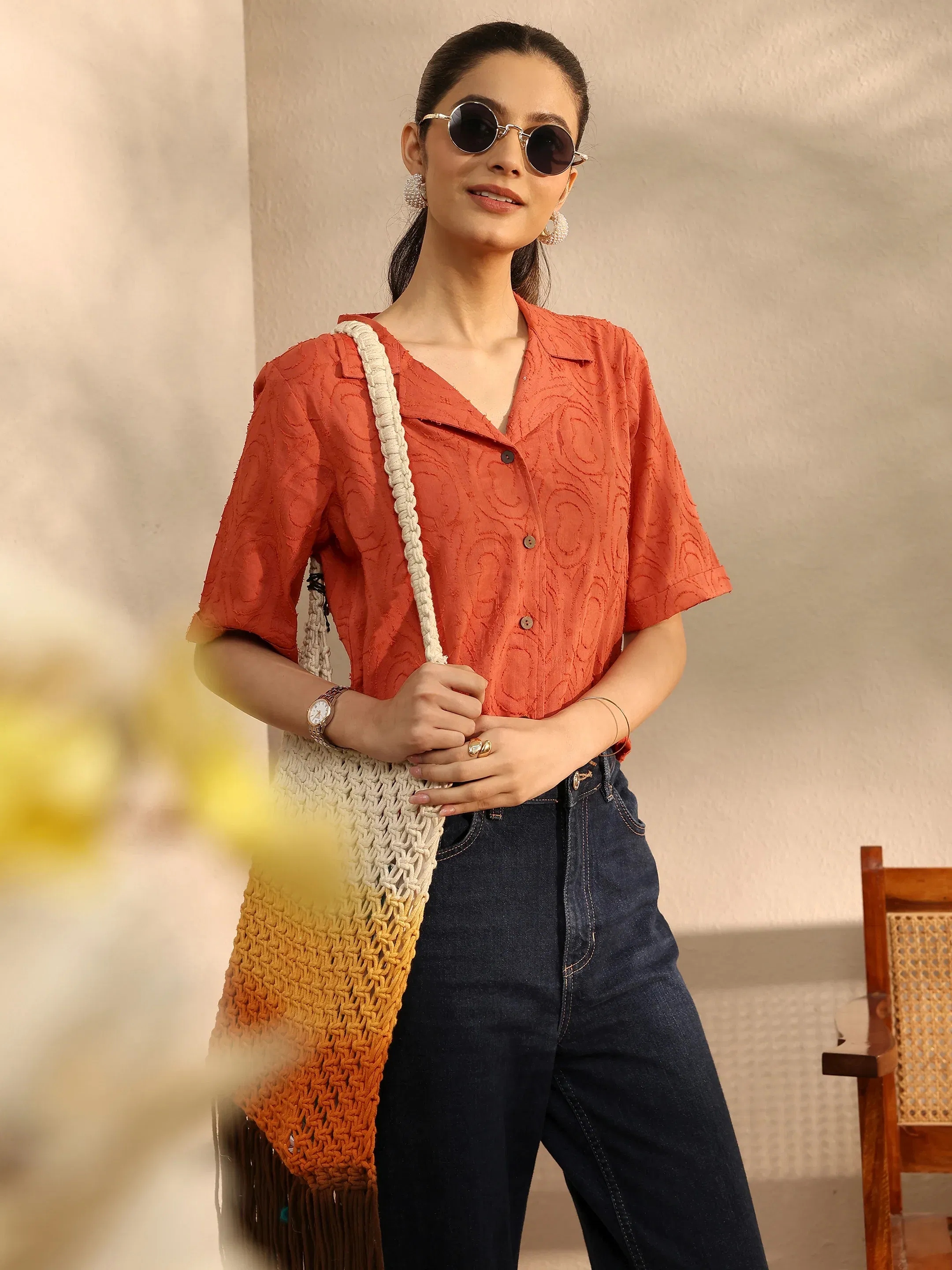 Orange Self-Design Cotton Straight Shirt Libas sale