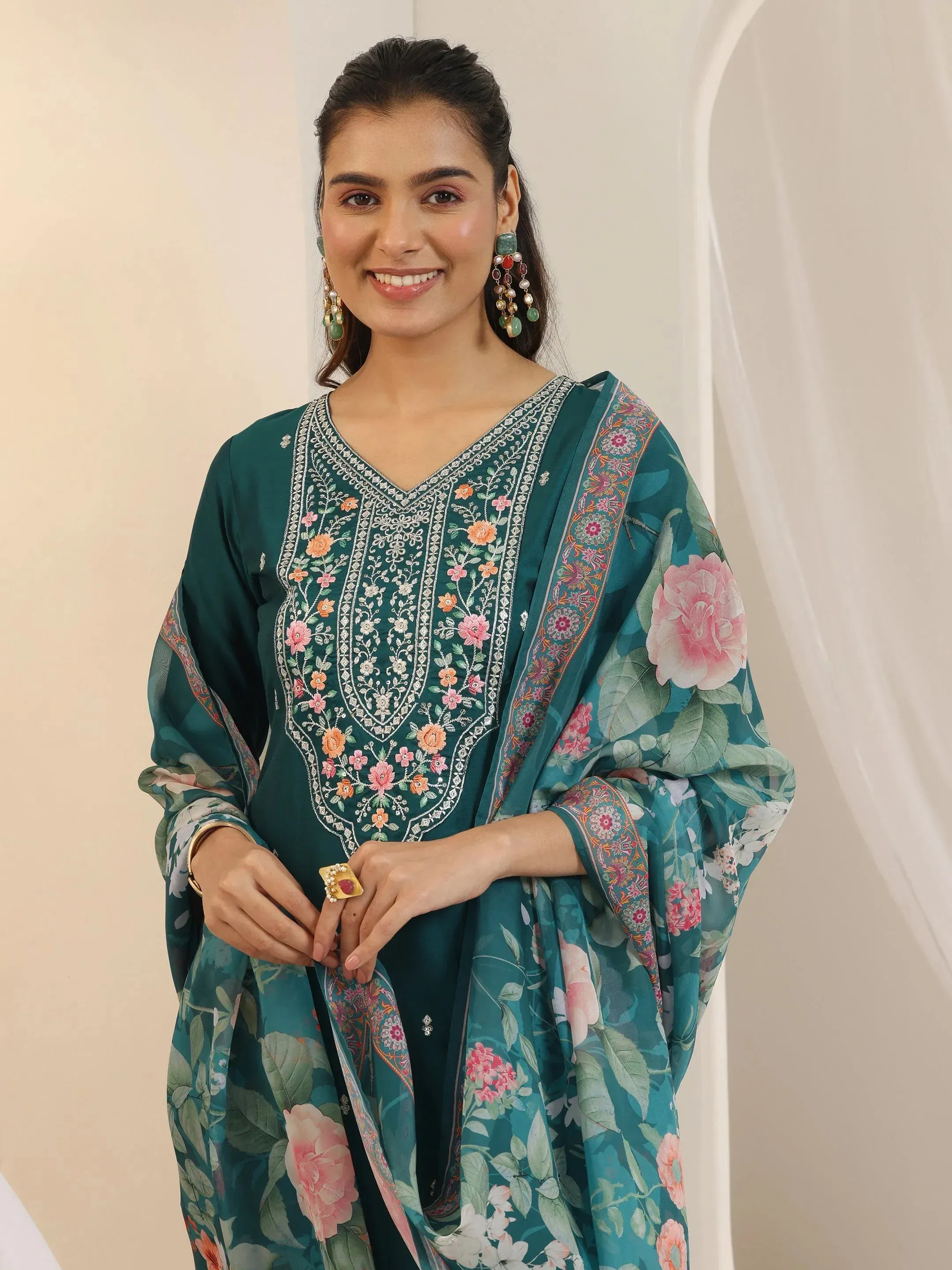 Teal Embroidered Silk Blend Straight Suit Set with Dupatta Libas sale
