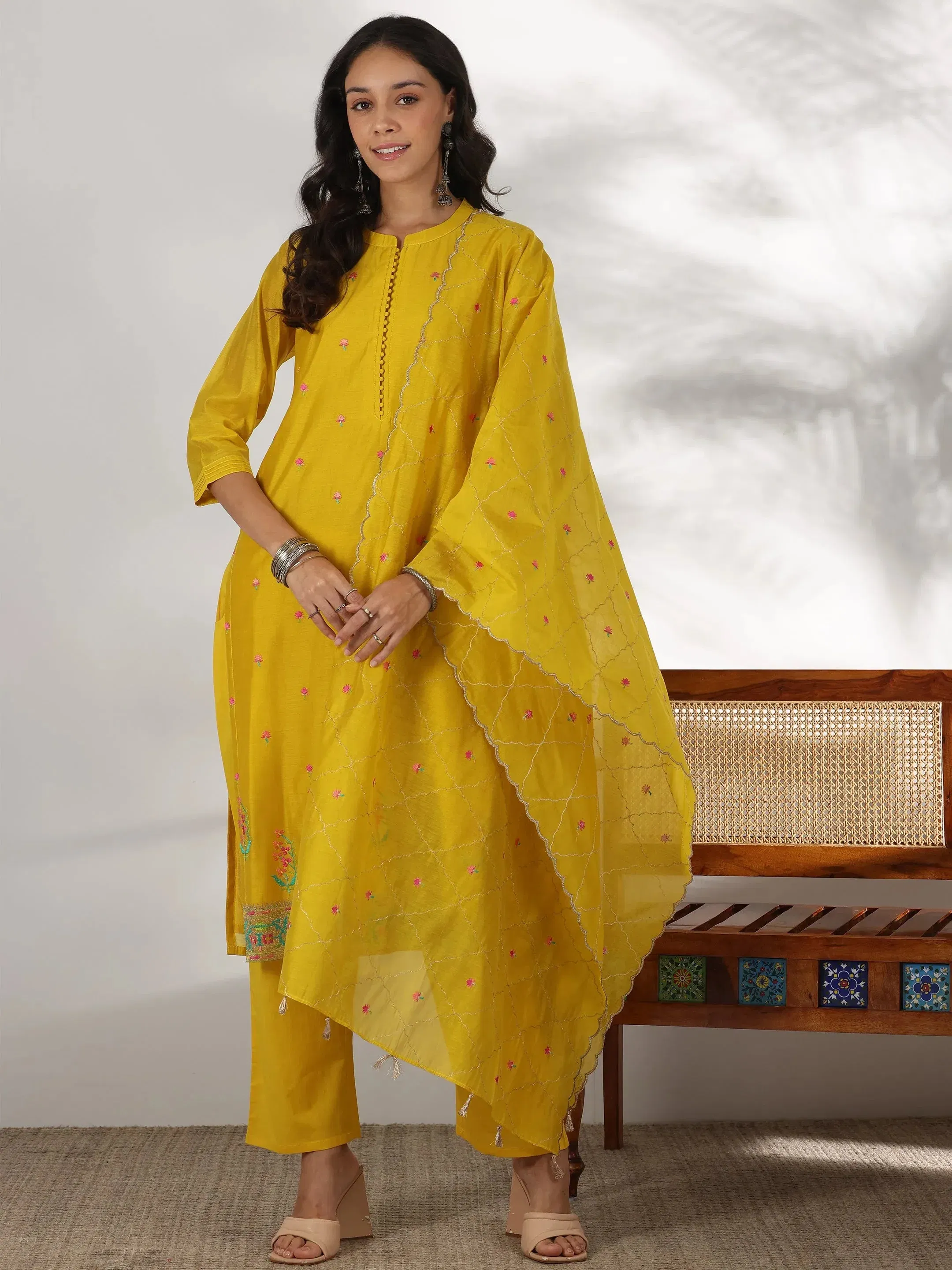 Yellow Embroidered Chanderi Silk Straight Suit with Dupatta Libas sale