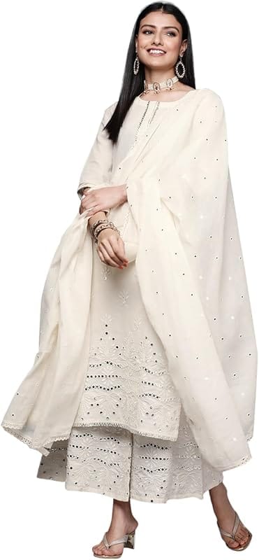 Libas White Embroidered Straight Kurta Palazzo Set