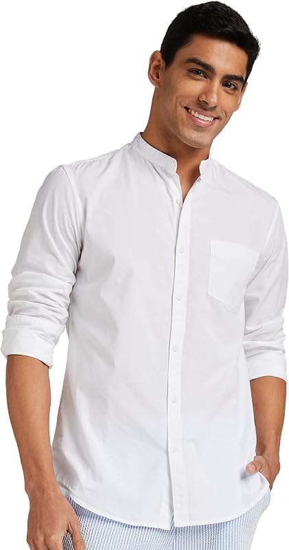 Linen Rich Mandarin Collar Striped Shirt from Marks and Spencer