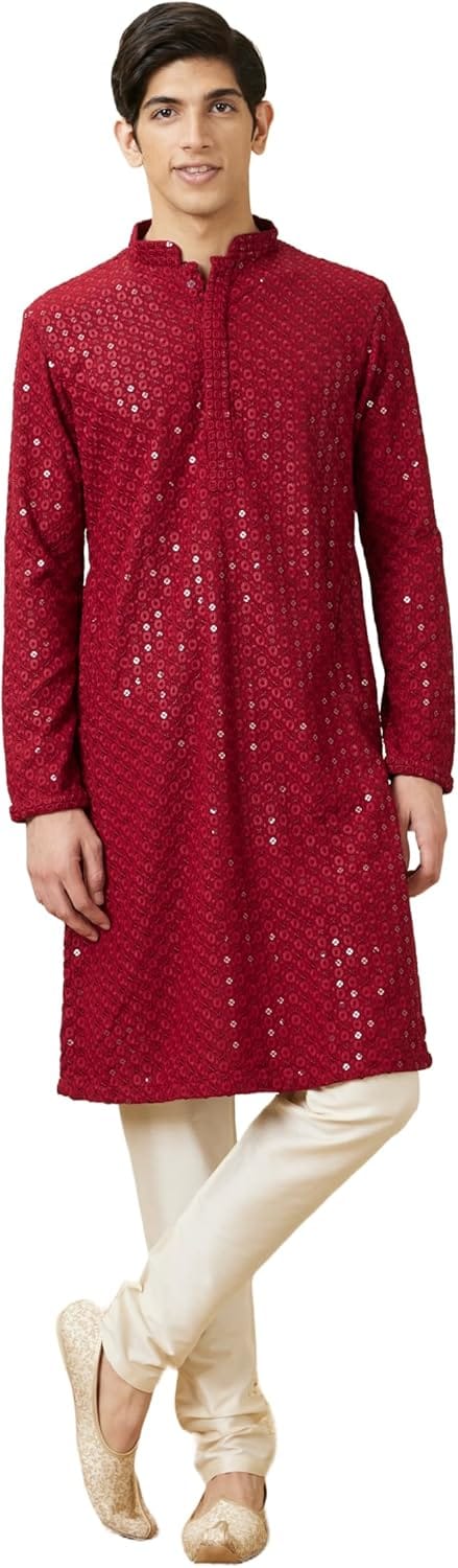 Manyavar Maroon Embroidered Sherwani Set