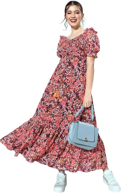 Miss Chase Teal V-Neck Floral Print Wrap Midi Dress