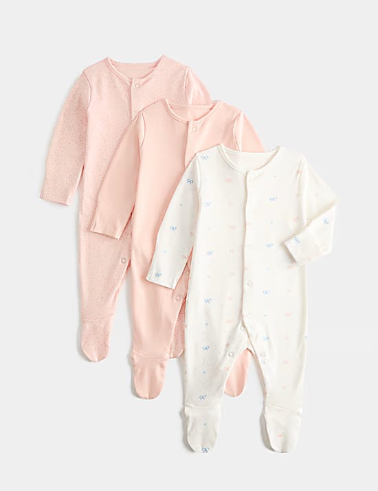 M&S 3 Pack Pure Cotton Printed Sleepsuits, 0-3 Years Marks & Spencer India sale