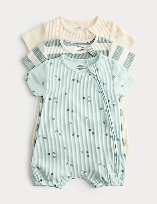 M&S 3 Pack Cotton Rich Sea Life Print Rompers, 7 lbs to 3 Years Marks & Spencer India sale