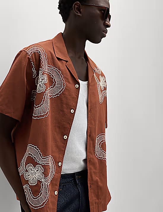 M&S Regular Fit Cotton Linen Blend Floral Shirt Marks & Spencer sale