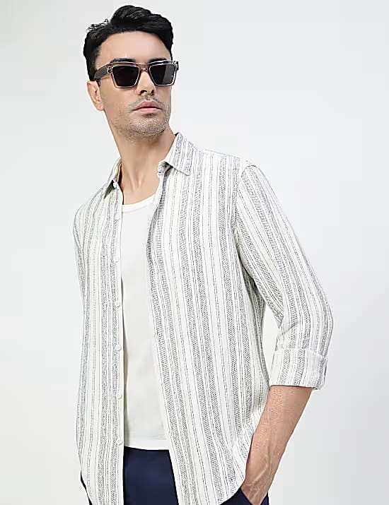M&S Viscose Rich Striped Spread Collar Shirt Marks & Spencer sale