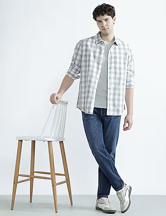M&S Regular Fit Linen Rich Checked Shirt Marks & Spencer sale