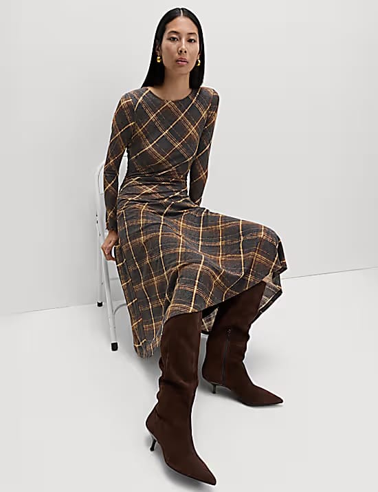 M&S Lyocell Blend Checked Dropped Waist Midi Dress Marks & Spencer sale