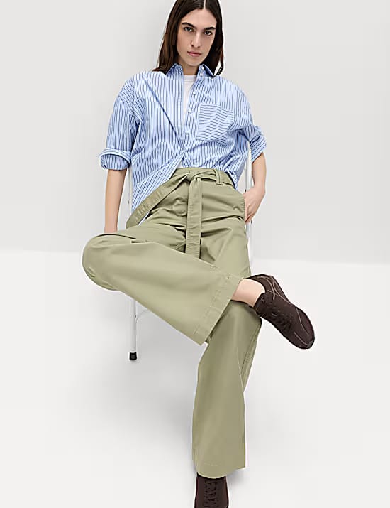 M&S Pure Cotton Belted Straight Leg Trousers Marks & Spencer sale