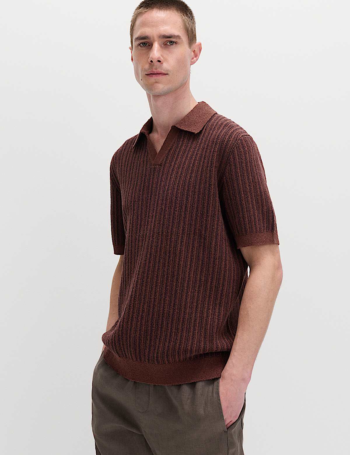 Boucle Striped Open Neck Knitted Polo Shirt (Men) M&S sale
