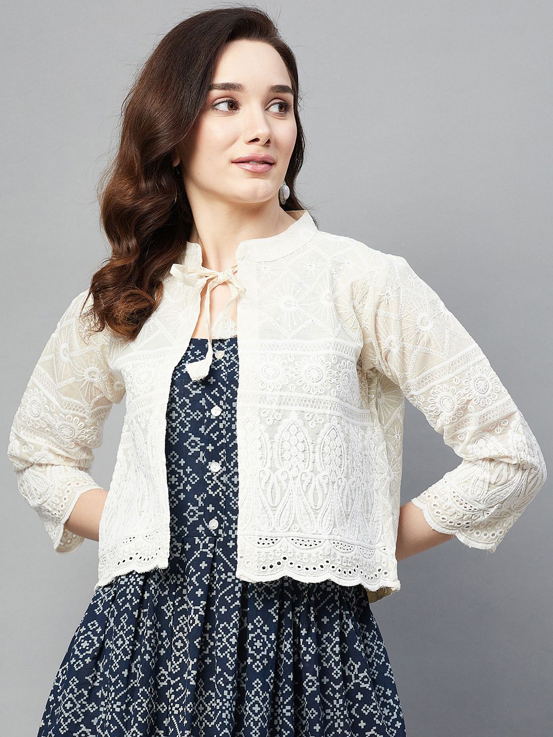 Aarika Women Off White Embroidered Crop Open Front Jacket Myntra sale