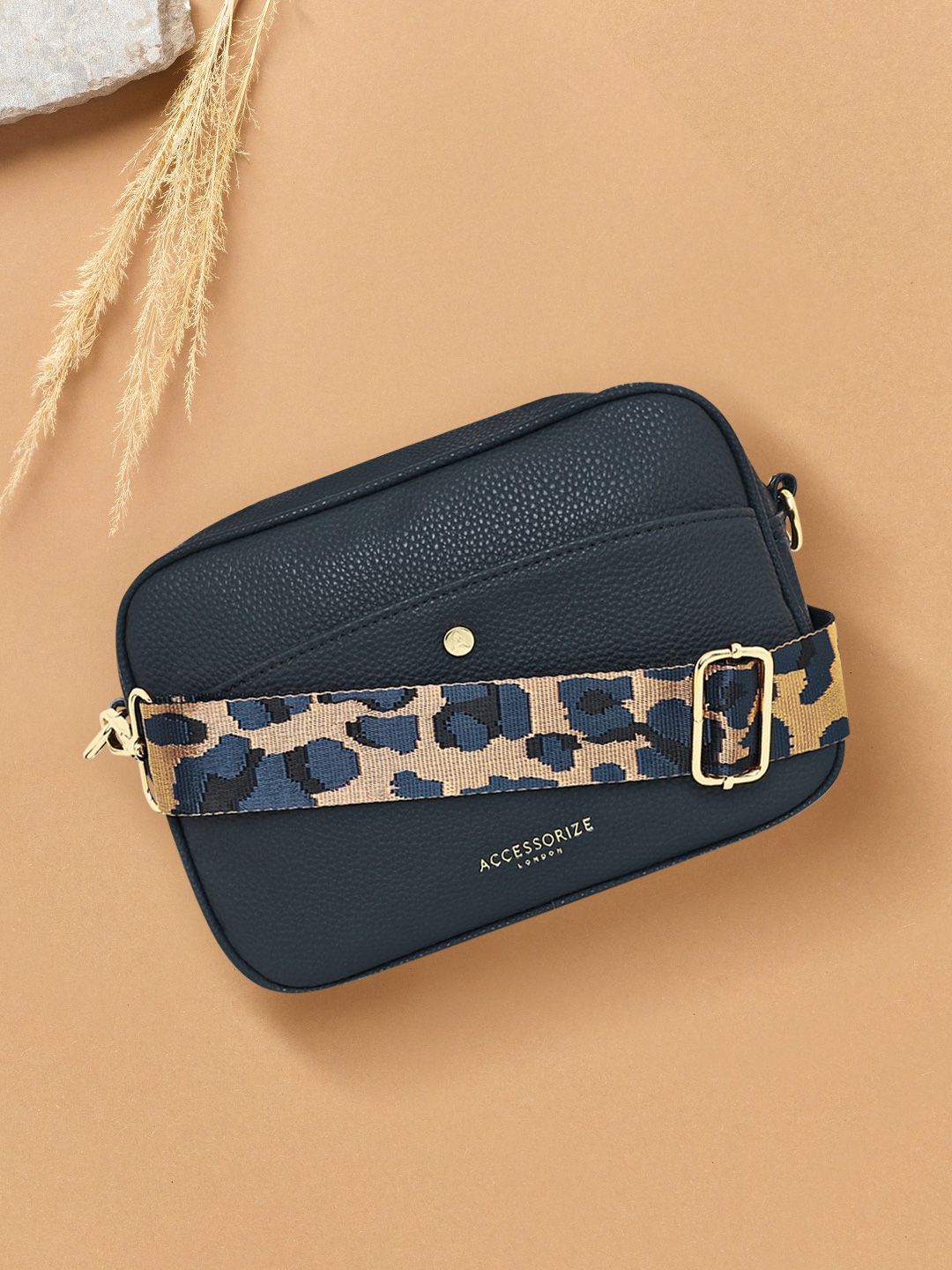 Accessorize London Women's Faux Leather Navy Leopard Strap Camera Bag Myntra sale