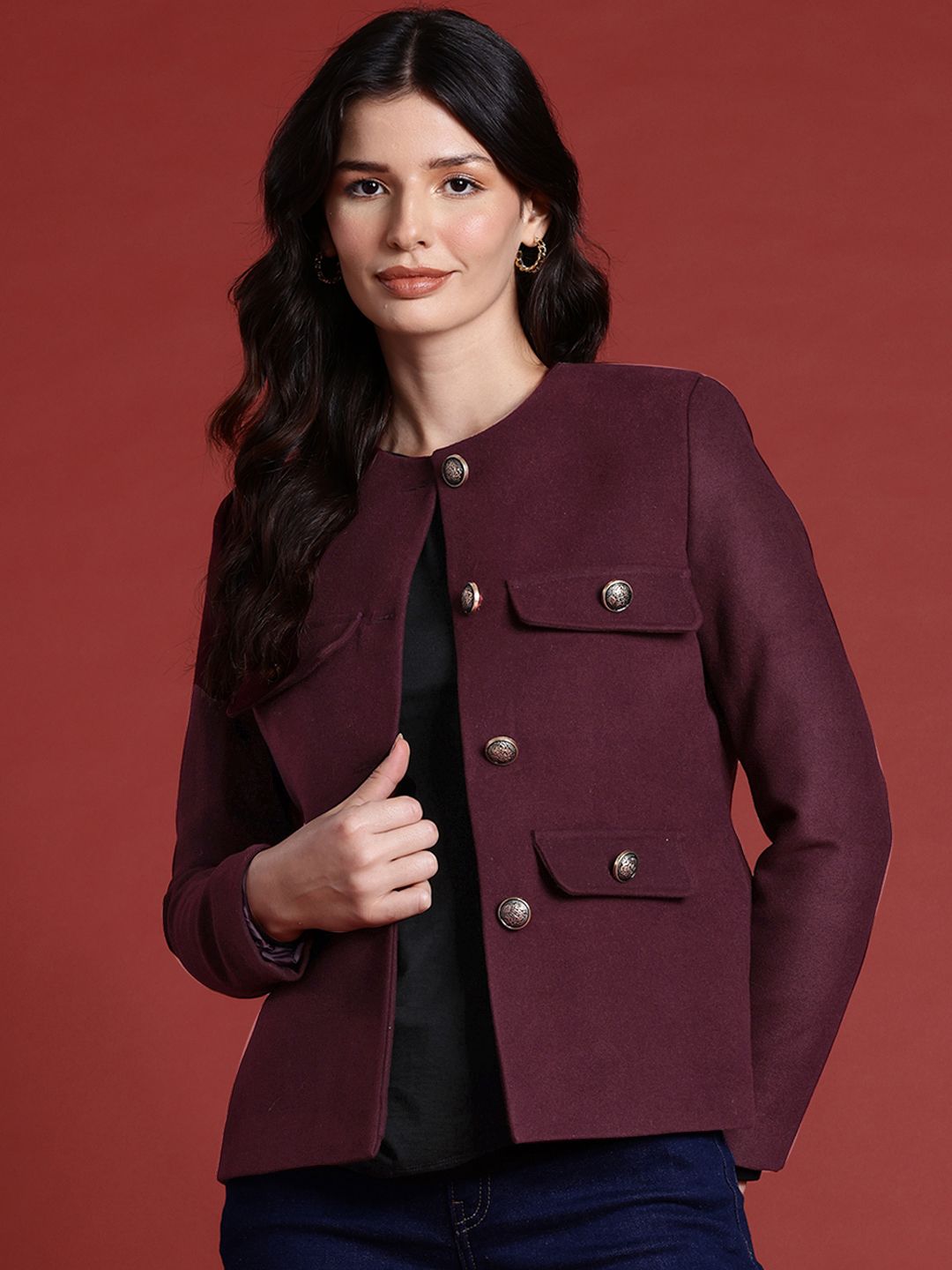 all about you Single Breasted Mandarin Collar Regular Fit Blazer Myntra sale