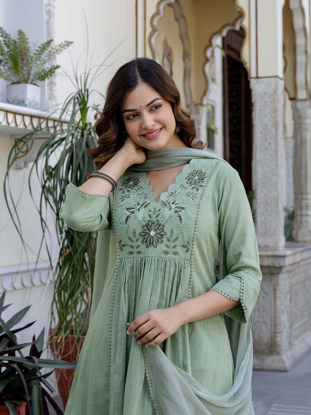 Anouk Anouk Floral Yoke Design V-Neck Empire Aari Work Pure Cotton Kurta with Pyjamas & Dupatta Myntra sale