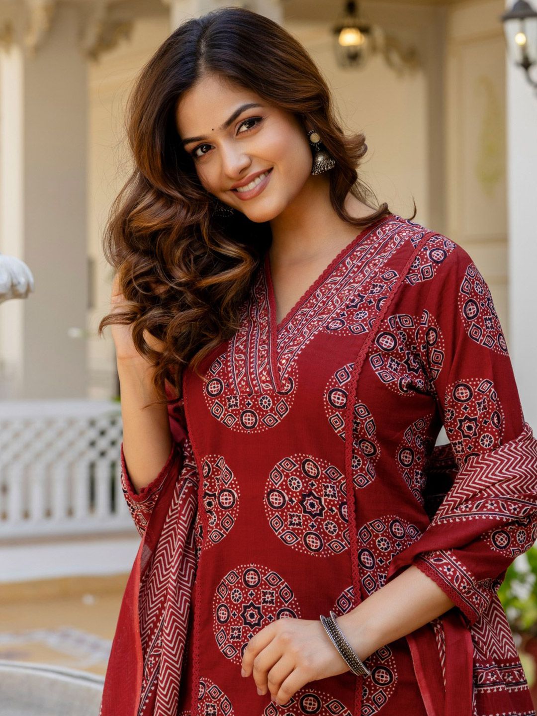Anouk Anouk Women Printed Regular Mirror Work Pure Cotton Kurta with Palazzos & With Dupatta Myntra sale