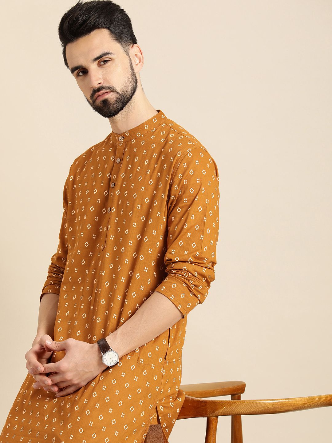 Anouk Men Mustard Yellow and White Geometric Printed Kurta Myntra sale