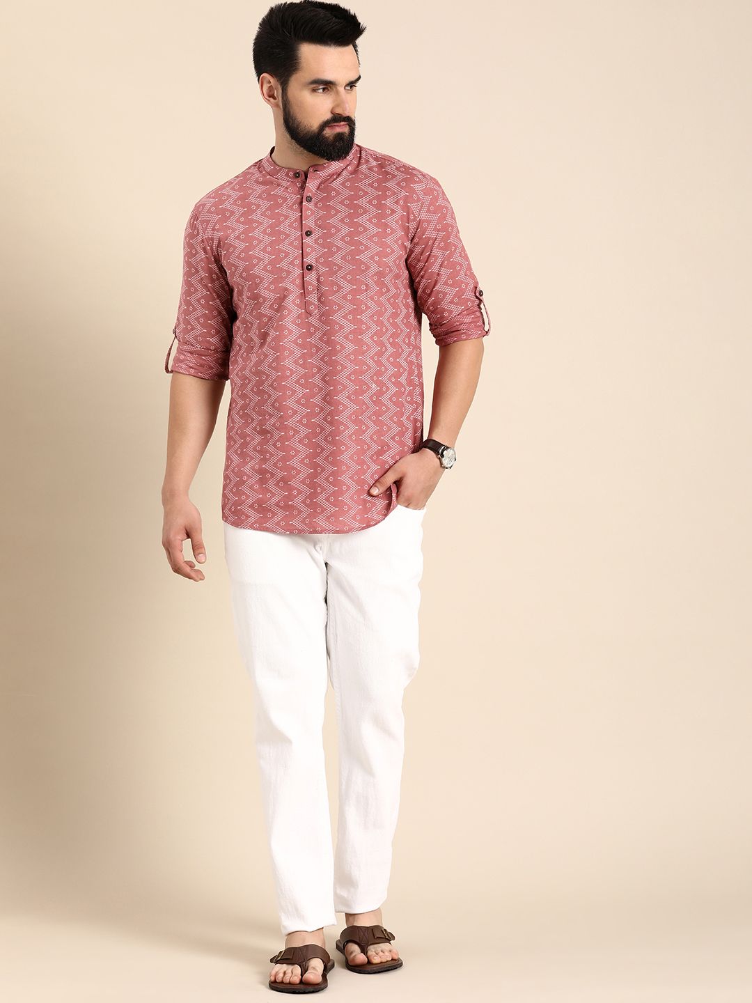 Anouk Anouk Men Pink Geometric Printed Mandarin Collar Straight Cotton Short Kurta Myntra sale