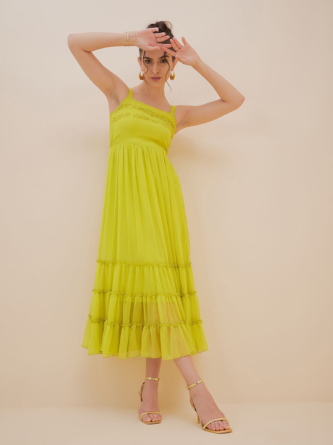 Antheaa Embellished Sequinned Tiered Chiffon Empire Midi Dress Myntra sale