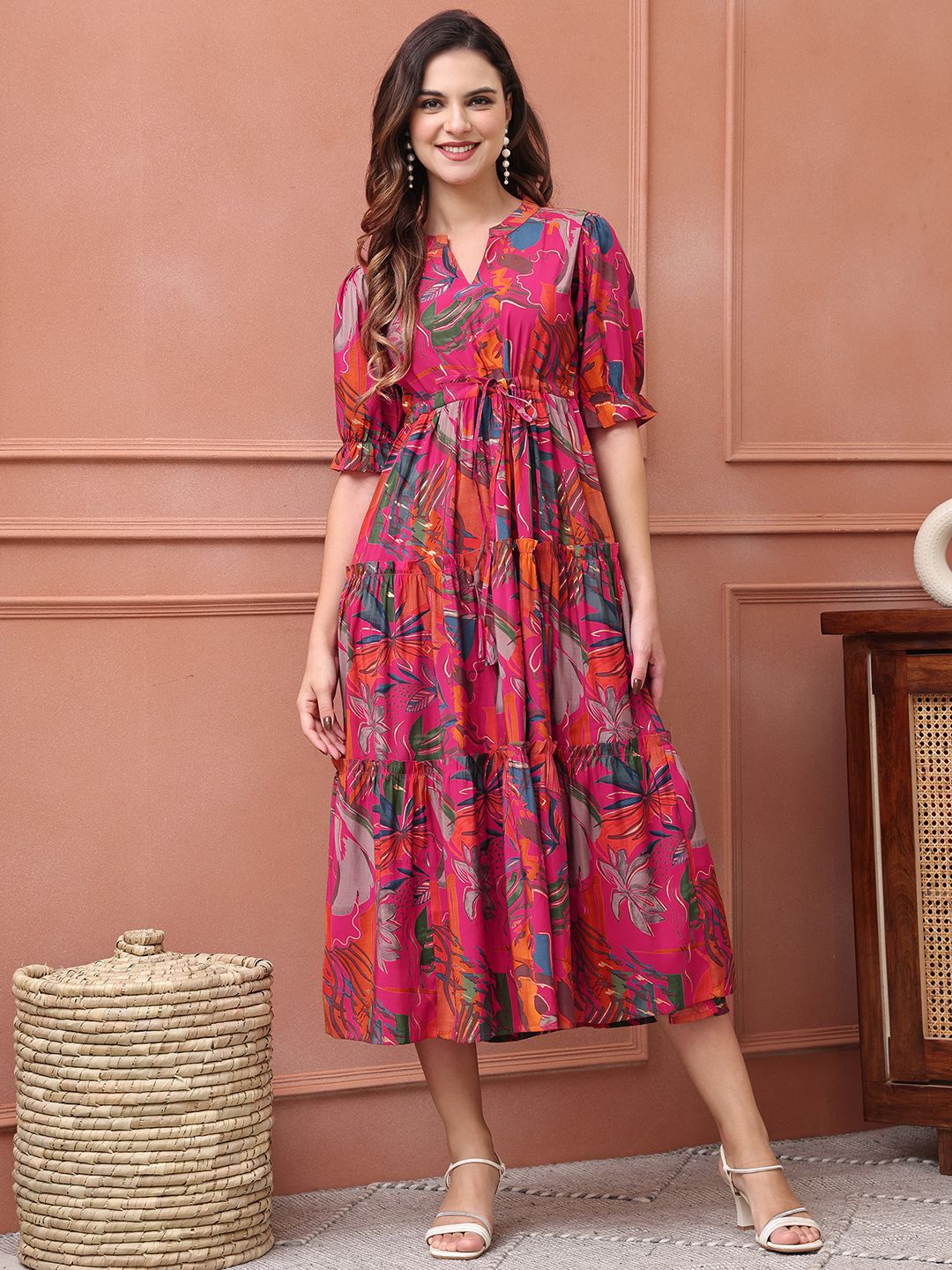 Claura Claura Women Floral Printed Silk Puff Sleeve Fit & Flare Midi Dress Myntra sale