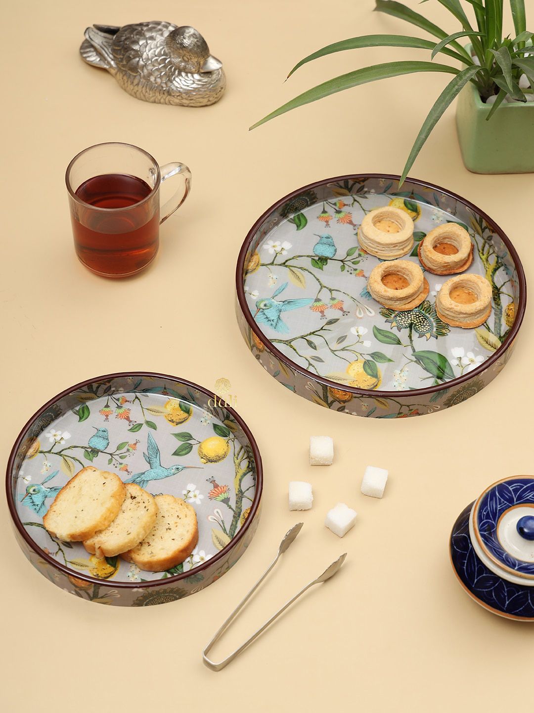 DULI Grey and Blue Printed Wooden Trays, Set of 2 Myntra sale