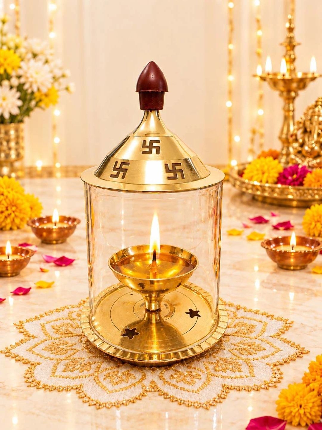 Heaven Decor Brass and Glass Akhand Diya With Cover Myntra sale