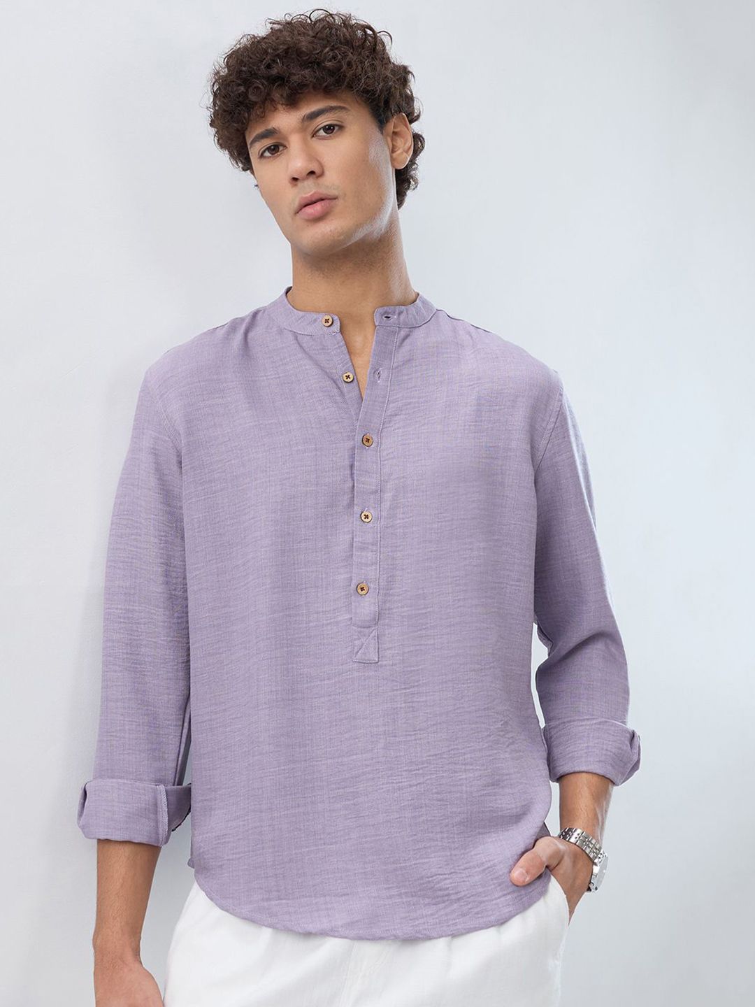 HERE&NOW HERE&NOW Band Collar Roll-Up Sleeves Straight Kurta Myntra sale