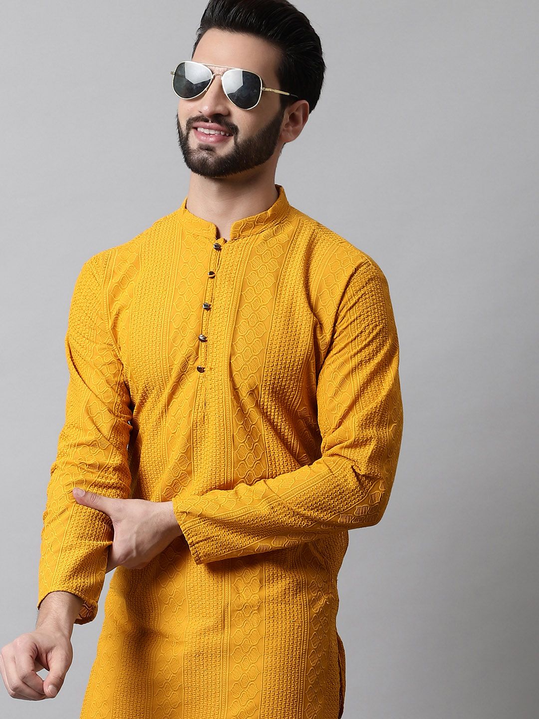 Jompers Men Mustard Yellow Embroidered Pure Cotton Kurta Myntra sale