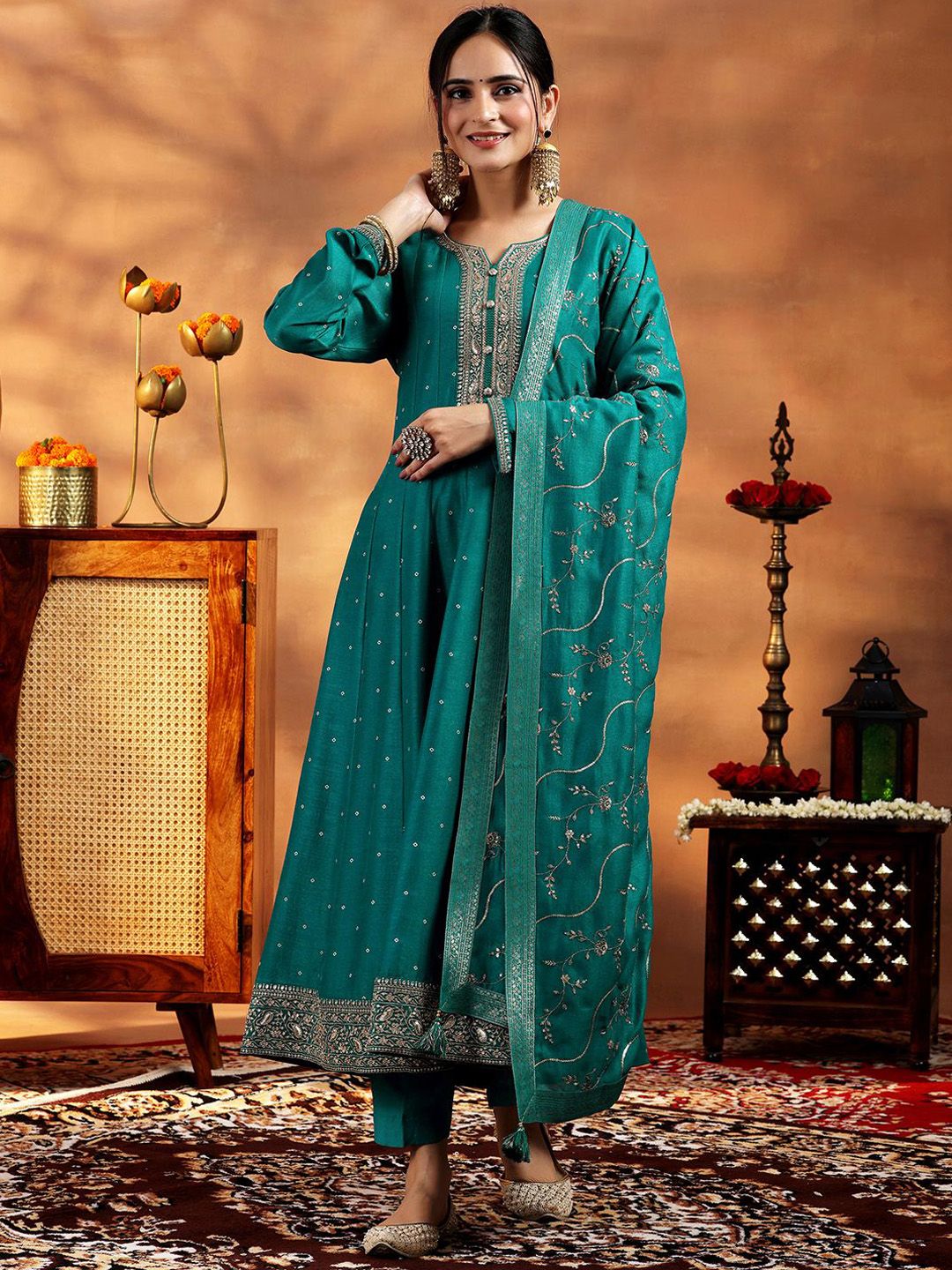 Libas Libas Womens Green Embroidered Anarkali Kurta With Trousers & Dupatta Myntra sale