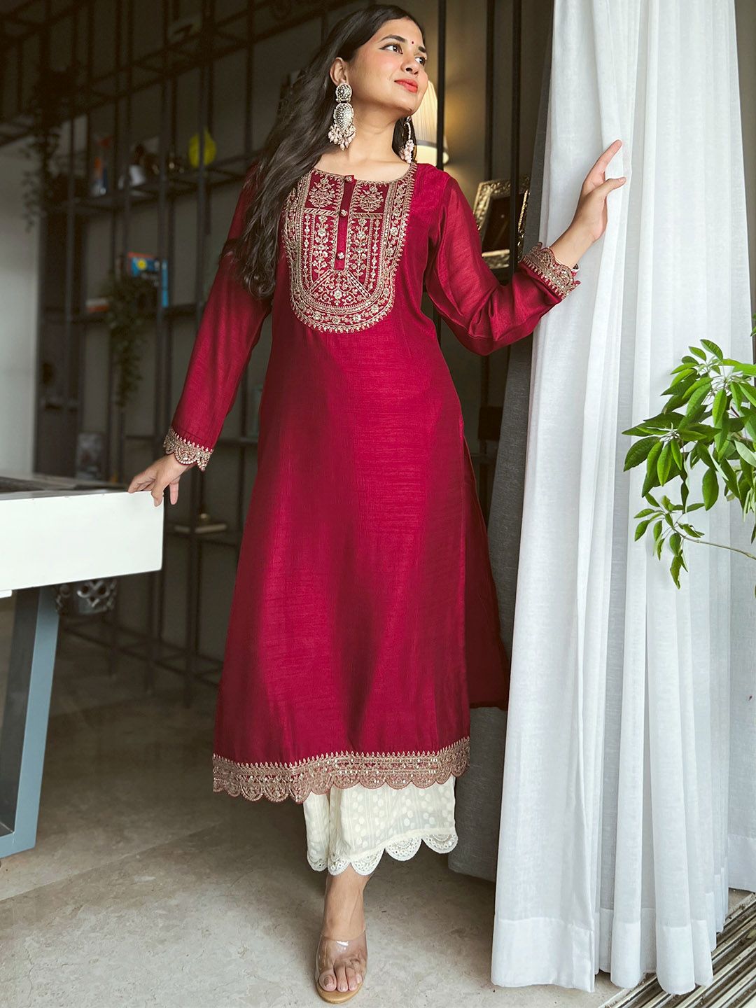 Libas Women Maroon Yoke Design Embellished Kurta Myntra sale